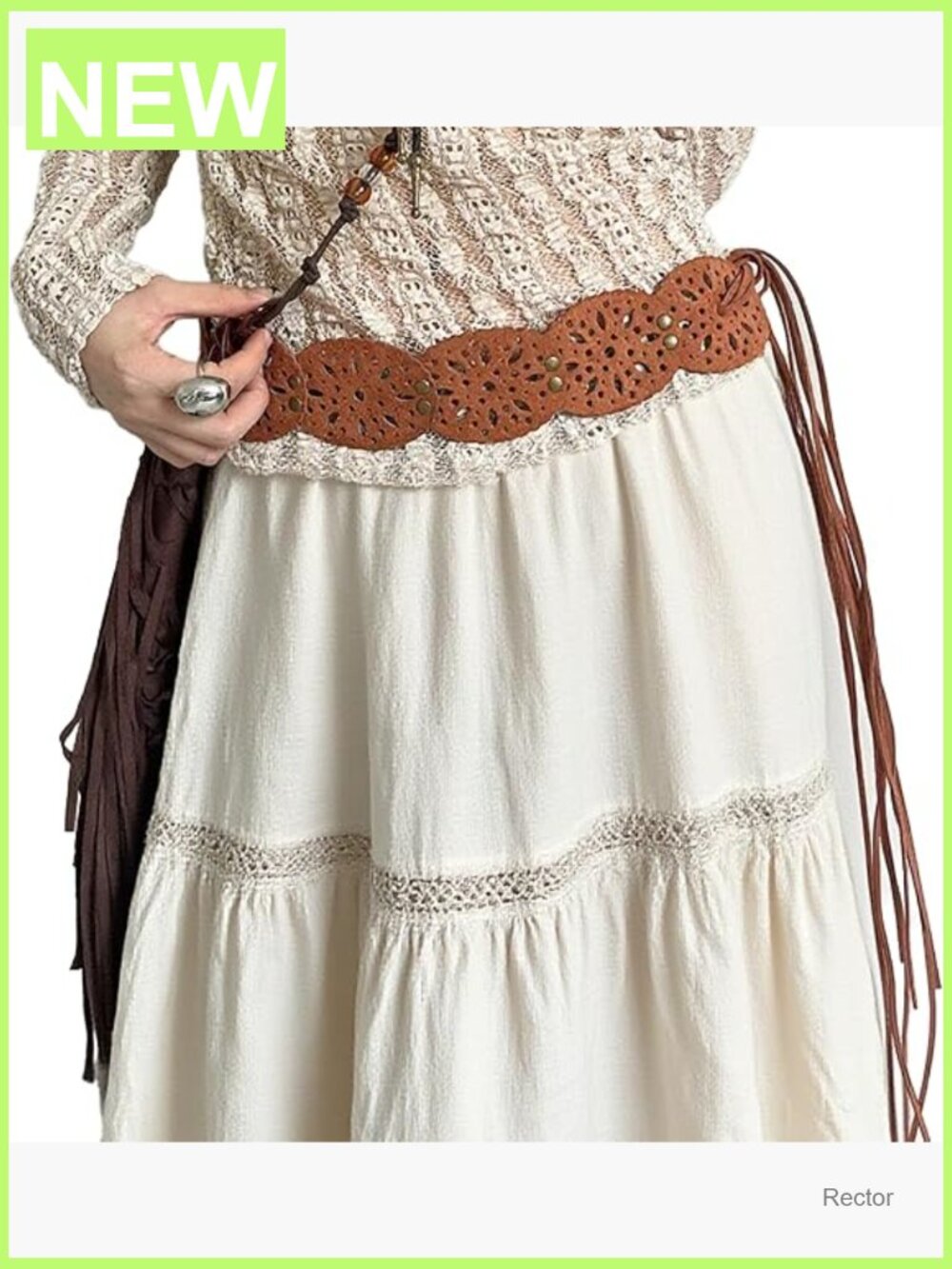 Wide Boho PU Leather Belt with Tassel & Cutout - Picture 1 of 5